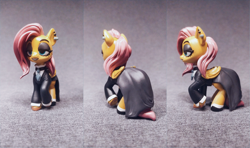 Size: 3377x2000 | Tagged: safe, artist:fluffyorbiter, imported from derpibooru, fluttershy, 3d print, art, clothes, collage, craft, cyan eyes, diy, dress, ear piercing, earring, eyebrows, eyeshadow, female, figurine, fluttergoth, folded wings, goth, gray background, hoof shoes, irl, jewelry, lidded eyes, makeup, mare, photo, piercing, pink hair, pink mane, raised hoof, sculpture, shirt, simple background, solo, standing, statue, traditional art, wings