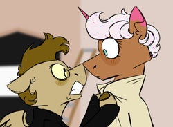 Size: 900x661 | Tagged: safe, artist:fuckomcfuck, imported from derpibooru, oc, oc:donut daydream, oc:doodles, pegasus, pony, unicorn, angry, blushing, clothes, coat, cosplay, costume, glasses, good omens