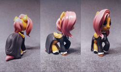 Size: 3369x2000 | Tagged: safe, artist:fluffyorbiter, imported from derpibooru, fluttershy, 3d print, art, clothes, collage, craft, cyan eyes, diy, dress, ear piercing, earring, eyebrows, eyeshadow, female, figurine, fluttergoth, folded wings, goth, gray background, hoof shoes, irl, jewelry, lidded eyes, makeup, mare, photo, piercing, pink hair, pink mane, raised hoof, sculpture, shirt, simple background, solo, standing, statue, traditional art, wings