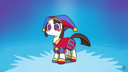 Size: 1366x768 | Tagged: safe, artist:doublewbrothers, imported from derpibooru, earth pony, pony, blushing, crossover, female, jester, pomni, ponified, solo, the amazing digital circus