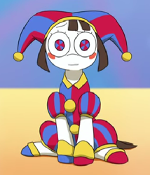 Size: 320x373 | Tagged: safe, artist:doublewbrothers, imported from derpibooru, earth pony, pony, blushing, crossover, female, jester, looking at you, pomni, ponified, sitting, solo, the amazing digital circus