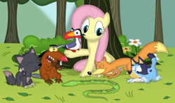 Size: 1160x689 | Tagged: safe, artist:porygon2z, imported from derpibooru, fluttershy, beaver, bird, demon, dog, fox, pegasus, pony, snake, angry beavers, australian cattle dog, bluey, bluey heeler, craig (sanjay and craig), crossover, daggett doofus beaver, disney, dora the explorer, eyes closed, female, g4, grass, hornbill, king clawthorne, male, mare, sanjay and craig, smiling, swiper, the lion king, the owl house, tree, zazu