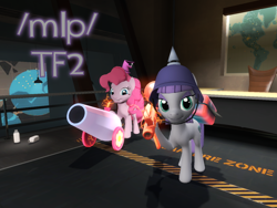 Size: 1600x1200 | Tagged: safe, imported from derpibooru, maud pie, pinkie pie, /mlp/ tf2 general, 2fort, 3d, hat, party cannon, rocket launcher, soldier, source filmmaker, team fortress 2, text, weapon