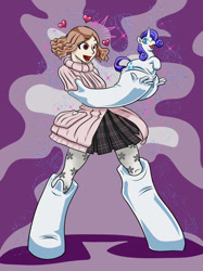 Size: 1662x2217 | Tagged: safe, imported from derpibooru, part of a set, rarity, human, unicorn, abstract background, bondage, commission, crossover, encased, encasement, female, fetish, floating heart, haru okumura, heart, human to pony, inanimate object, inanimate tf, looking at something, part of a series, persona, pose, purple background, simple background, smiling, solo, solo female, sparkles, standing, transformation