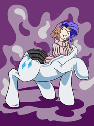 Size: 1662x2217 | Tagged: safe, imported from derpibooru, part of a set, rarity, human, unicorn, abstract background, bondage, color change, commission, crossover, encased, encasement, eyes closed, female, fetish, haru okumura, human to pony, inanimate object, inanimate tf, part of a series, persona, pose, purple background, simple background, smiling, solo, solo female, sparkles, standing, transformation