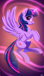 Size: 1784x3060 | Tagged: safe, artist:ask-colorsound, imported from derpibooru, twilight sparkle, alicorn, pony, eyebrows, eyebrows visible through hair, female, high res, horn, looking at you, mare, profile, signature, smiling, smiling at you, solo, spread wings, twilight sparkle (alicorn), wings