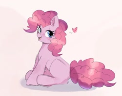 Size: 1024x813 | Tagged: safe, artist:freyamilk, imported from derpibooru, pinkie pie, earth pony, pony, cute, diapinkes, female, looking back, mare, missing cutie mark, open mouth, open smile, simple background, sitting, smiling, solo, white background