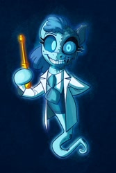 Size: 1232x1843 | Tagged: safe, artist:anontheanon, imported from ponybooru, oc, oc only, ghost, ghost pony, pony, undead, arm behind back, clothes, creepy, creepy smile, female, lab coat, looking at you, mare, screwdriver, smiling, smiling at you, solo