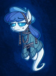 Size: 1352x1819 | Tagged: safe, artist:anontheanon, imported from ponybooru, oc, oc only, earth pony, ghost, ghost pony, pony, undead, beret, clothes, female, film, frown, hat, lidded eyes, mare, solo, sweater