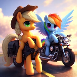 Size: 1024x1024 | Tagged: safe, imported from ponybooru, applejack, rainbow dash, earth pony, pegasus, pony, ai content, ai generated, anatomically incorrect, applejack's hat, bing, clothes, cowboy hat, duo, female, hat, machine learning abomination, mare, motorcycle, not salmon, road, spread wings, wat, what has science done, wings