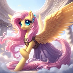 Size: 1024x1024 | Tagged: safe, imported from ponybooru, fluttershy, pegasus, pony, ai content, ai generated, bing, clothes, dress, female, mare, solo, spread wings, wings