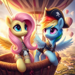 Size: 1024x1024 | Tagged: safe, imported from ponybooru, fluttershy, rainbow dash, pegasus, pony, ai content, ai generated, bing, duo, female, hat, hot air balloon, mare, pirate, pirate dash, pirate hat