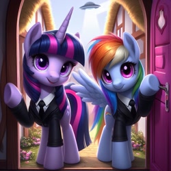 Size: 1024x1024 | Tagged: safe, imported from ponybooru, rainbow dash, twilight sparkle, pegasus, pony, unicorn, ai content, ai generated, bing, black suit, clothes, duo, female, flying saucer, mare, mares in black, necktie, ponyville, size difference, suit, ufo, unicorn twilight