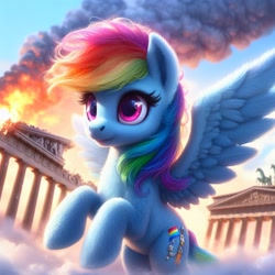 Size: 1024x1024 | Tagged: safe, imported from ponybooru, rainbow dash, pegasus, pony, ai content, ai generated, bing, destruction, female, fire, fluffy, mare, rearing, smoke, spread wings, thousand yard stare, wings