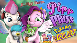 Size: 1920x1080 | Tagged: safe, artist:pika-robo, imported from derpibooru, izzy moonbow, pipp petals, sunny starscout, zipp storm, bird, cat, duck, pegasus, pony, series:pipp plays, 3d, blatant lies, cute, fake thumbnail, female, fuecoco, g4, g5, g5 to g4, gamer izzy moonbow, gamer pipp, gamer sunny starscout, gamer zipp storm, gaming headset, generation leap, grin, headset, holding, let's play, looking at someone, mare, pokemon scarlet and violet, pokémon, quaxly, smiling, source filmmaker, spread wings, sprigatito, wings, youtube thumbnail