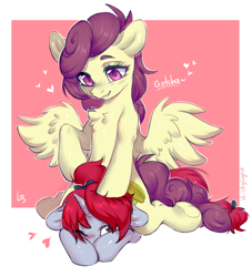 Size: 3000x3303 | Tagged: safe, artist:ls_skylight, imported from derpibooru, oc, pegasus, pony, unicorn, commission, sitting on, sitting on person, sitting on pony, snuggling, ych result