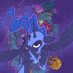 Size: 1000x1000 | Tagged: safe, artist:lef-fa, imported from derpibooru, nightmare moon, princess luna, alicorn, pony, blue eyes, blue mane, blue tail, cute, digital art, ethereal mane, ethereal tail, fangs, feather, female, flowing mane, flowing tail, flying, g4, helmet, hoof shoes, lidded eyes, mare, nicemare moon, night, nightmare night, open mouth, open smile, peytral, ponyville, pumpkin, pumpkin bucket, shapeshifting, sky, smiling, solo, spread wings, starry mane, starry tail, tail, teeth, tree, water, wings