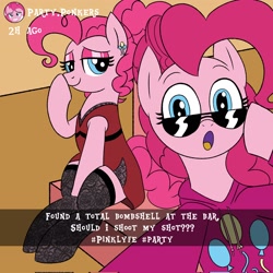 Size: 2048x2048 | Tagged: safe, artist:legendoflink, imported from derpibooru, pinkie pie, earth pony, pony, clothes, dress, duality, female, hoodie, looking at you, mare, pinktober, self paradox, self ponidox, sitting, smiling, socks, stockings, sunglasses, text, thigh highs