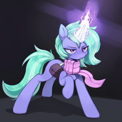 Size: 2295x2295 | Tagged: safe, artist:astralblues, imported from derpibooru, oc, oc only, pony, unicorn, bag, clothes, eyebrows, female, high res, horn, magic, mare, raised hoof, saddle bag, scarf, solo, unicorn oc