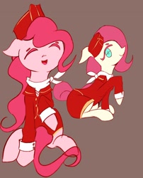 Size: 2480x3064 | Tagged: safe, artist:solid shrimp, imported from derpibooru, fluttershy, pinkie pie, earth pony, pegasus, pony, brown background, clothes, duo, eyes closed, female, flight attendant, floppy ears, hat, looking at you, mare, open mouth, open smile, pinktober, simple background, sitting, smiling, smiling at you, uniform, wingless