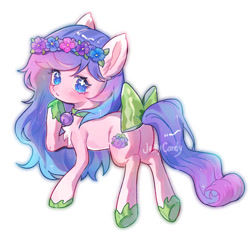 Size: 750x705 | Tagged: safe, artist:twiligh44097152, imported from derpibooru, oc, oc only, unnamed oc, earth pony, pony, bow, chest fluff, cute, female, floral head wreath, flower, mare, ocbetes, raised hoof, simple background, solo, tail, tail bow, white background