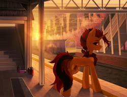 Size: 2585x1970 | Tagged: safe, artist:astralblues, imported from derpibooru, oc, oc only, oc:selest light, pony, unicorn, eyebrows, high res, horn, looking at you, male, outdoors, platform, solo, stairs, stallion, train, train station, unicorn oc