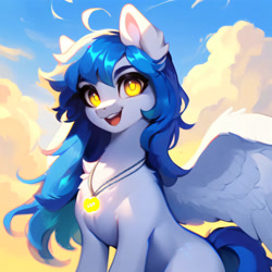 Size: 3072x3072 | Tagged: safe, imported from derpibooru, oc, oc only, oc:sky slicer, pegasus, pony, ai content, ai generated, blue mane, cloud, female, generator:purplesmart.ai, generator:stable diffusion, glowing, glowing eyes, jewelry, looking at you, mare, messy mane, necklace, pegasus oc, prompt in description, prompter:skyslicer, sky, smiling, smiling at you, solo, white body, wings, yellow eyes