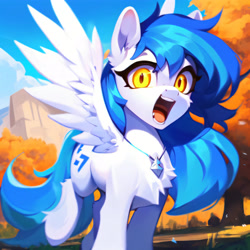 Size: 3072x3072 | Tagged: safe, imported from derpibooru, oc, oc only, oc:sky slicer, pegasus, pony, ai content, ai generated, autumn, blue mane, excited, female, forest, generator:purplesmart.ai, generator:stable diffusion, glowing, glowing eyes, jewelry, looking at you, mare, messy mane, necklace, open mouth, pegasus oc, prompt in description, prompter:skyslicer, raised hoof, solo, white body, wings, yellow eyes