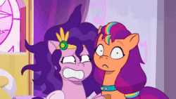 Size: 690x388 | Tagged: safe, edit, edited screencap, imported from derpibooru, screencap, pipp petals, sunny starscout, earth pony, pegasus, pony, spoiler:g5, spoiler:my little pony: tell your tale, spoiler:tyts01e64, bad hair, crystal brighthouse, g5, living hair, mane stripe sunny, my little pony: tell your tale, shaking, very bad hair day