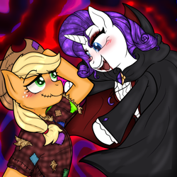 Size: 1280x1280 | Tagged: safe, artist:katie-kat-yo, imported from derpibooru, applejack, rarity, earth pony, pony, undead, unicorn, vampire, vampony, alternate hairstyle, applejack's hat, blood, blushing, cape, clothes, cowboy hat, duo, eyeshadow, fangs, female, flannel, freckles, hat, hay, lesbian, looking at each other, looking at someone, makeup, mare, open mouth, scarecrow, ship:rarijack, shipping, shirt