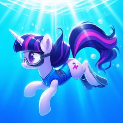 Size: 1024x1024 | Tagged: safe, imported from derpibooru, twilight sparkle, pony, unicorn, ai content, ai generated, alternate cutie mark, bubble, cute, female, flippers (gear), flowing mane, flowing tail, generator:bing image creator, generator:dall-e 3, horn, mare, ocean, smiling, solo, sunlight, swimming, tail, underwater, unicorn twilight, water, wrong cutie mark