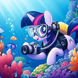 Size: 1024x1024 | Tagged: safe, imported from derpibooru, twilight sparkle, fish, pony, unicorn, ai content, ai generated, air tank, alternate cutie mark, bubble, camera, coral, cute, female, flippers (gear), flowing mane, flowing tail, generator:bing image creator, generator:dall-e 3, horn, mare, ocean, open mouth, open smile, scuba gear, scuba tank, smiling, solo, sunlight, swimming, tail, underwater, unicorn twilight, water, wrong cutie mark