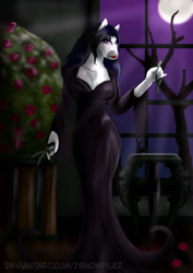 Size: 1024x1449 | Tagged: safe, artist:zsnowfilez, imported from derpibooru, oc, oc:belladonna nightshade, anthro, clothes, costume, dress, morticia addams, nightmare night costume, solo