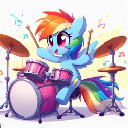 Size: 1024x1024 | Tagged: safe, derpibooru exclusive, imported from derpibooru, rainbow dash, pegasus, pony, ai content, ai generated, cute, drum kit, drums, drumsticks, musical instrument, prompter:twdkek, simple background, white background, wrong cutie mark