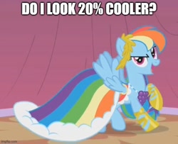 Size: 616x500 | Tagged: safe, edit, edited screencap, imported from derpibooru, screencap, rainbow dash, pegasus, suited for success, 20% cooler, bronybait, caption, clothes, cropped, dress, gala dress, image macro, imgflip, impact font, rainbow dash always dresses in style, text