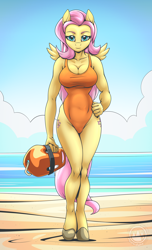 Size: 1864x3070 | Tagged: safe, artist:mysticalpha, imported from derpibooru, fluttershy, anthro, pegasus, unguligrade anthro, baywatch, beach, big breasts, breasts, busty fluttershy, cleavage, clothes, female, hand on hip, legs together, lifeguard, lifeguard fluttershy, looking at you, mare, one-piece swimsuit, orange swimsuit, solo, swimsuit