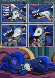Size: 2171x3070 | Tagged: safe, artist:mysticalpha, imported from derpibooru, princess luna, tiberius, opossum, pony, comic:day in the lives of the royal sisters, bed, sleeping