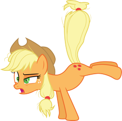 Size: 3030x3000 | Tagged: safe, alternate version, artist:cloudy glow, imported from derpibooru, applejack, earth pony, pony, 28 pranks later, applejack's hat, bucking, cowboy hat, female, hair tie, hat, high res, mare, messy mane, messy tail, open mouth, simple background, solo, tail, tail tie, transparent background, vector