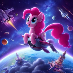 Size: 1024x1024 | Tagged: safe, imported from derpibooru, pinkie pie, earth pony, pony, ai content, ai generated, castle, earth, fantasy, female, mare, moon, planet, prompter:pinkiepiepics, rocket, space