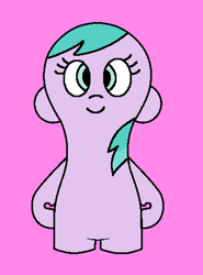 Size: 350x473 | Tagged: source needed, safe, artist:rainbowteddybear2002, imported from derpibooru, earth pony, pony, aura (g4), aurabetes, cartoon network, cute, female, filly, foal, g4, nood, noodified, pink background, simple background, smiling, solo