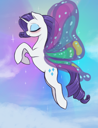 Size: 2300x3000 | Tagged: safe, alternate version, artist:t72b, imported from derpibooru, rarity, pony, unicorn, blushing, butterfly wings, cloud, eyes closed, eyeshadow, female, flowing mane, flying, glimmer wings, makeup, mare, rainbow, sky, solo, sparkles, wings