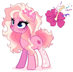 Size: 1972x1933 | Tagged: safe, artist:gihhbloonde, imported from derpibooru, oc, oc only, unnamed oc, earth pony, pony, adoptable, clothes, cyan eyes, eyes closed, female, flower, gradient mane, gradient tail, hibiscus, lightly watermarked, magical lesbian spawn, mare, offspring, parent:lily valley, parent:pinkie pie, parents:lilypie, simple background, smiling, socks, solo, standing, stockings, tail, thigh highs, transparent background, watermark