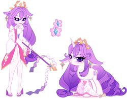 Size: 900x703 | Tagged: safe, artist:gihhbloonde, imported from derpibooru, oc, oc only, unnamed oc, human, pony, unicorn, equestria girls, adoptable, closed mouth, clothes, crossover fusion, crown, detached sleeves, ear piercing, earring, female, floppy ears, fusion, fusion:rarity, fusion:yae miko, genshin impact, gradient hair, gradient mane, gradient tail, jewelry, looking at you, looking down, mare, piercing, purple eyes, regalia, sandals, self paradox, self ponidox, simple background, smiling, standing, tail, tassels, transparent background, wand, yae miko (genshin impact)