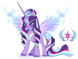 Size: 1975x1496 | Tagged: safe, artist:gihhbloonde, imported from derpibooru, oc, oc only, unnamed oc, alicorn, pony, adoptable, augmented wings, braid, closed mouth, colored hooves, crown, ethereal wings, eyeshadow, female, g4, g5, hair bun, horn, jewelry, lightly watermarked, long horn, makeup, mare, offspring, peytral, purple eyes, regalia, simple background, smiling, sparkly eyeshadow, spread wings, standing, tiara, transparent background, unshorn fetlocks, watermark, wings