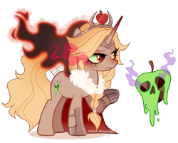 Size: 1807x1456 | Tagged: safe, artist:gihhbloonde, imported from derpibooru, oc, oc only, unnamed oc, pony, unicorn, adoptable, armor, braid, cape, closed mouth, clothes, colored sclera, crown, ethereal mane, female, frown, gradient horn, green sclera, helmet, horn, jewelry, lightly watermarked, mare, offspring, parent:applejack, parent:king sombra, parents:sombrajack, raised hoof, red eyes, regalia, simple background, sombra eyes, standing, transparent background, unamused, watermark