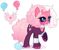 Size: 2169x1846 | Tagged: safe, artist:gihhbloonde, imported from derpibooru, oc, oc only, unnamed oc, earth pony, hybrid, pony, adoptable, balloon, black sclera, closed mouth, colored hooves, colored sclera, cuffed, cyan eyes, dark sclera, devil horns, female, gradient tail, horns, hybrid oc, lightly watermarked, looking up, mare, nose piercing, nose ring, offspring, parent:pinkie pie, parent:tirek, parents:tirekpie, piercing, raised hoof, simple background, smiling, standing, tail, transparent background, unshorn fetlocks, watermark