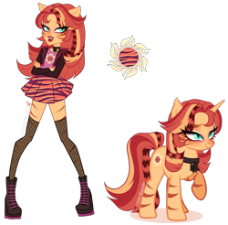 Size: 2432x2391 | Tagged: safe, artist:gihhbloonde, imported from derpibooru, oc, oc only, unnamed oc, cat, cat pony, human, original species, pony, unicorn, equestria girls, adoptable, boots, catgirl, closed mouth, clothes, collar, coontails, crossed arms, crossover fusion, ear tufts, eyebrows, eyeshadow, fangs, female, fishnet pantyhose, fusion, fusion:sunset shimmer, fusion:toralei, green eyes, jacket, lidded eyes, lightly watermarked, lipstick, looking at you, makeup, mare, monster high, open mouth, raised eyebrow, raised hoof, self paradox, self ponidox, shirt, shoes, simple background, skirt, slit pupils, smiling, standing, stripes, transparent background, watermark