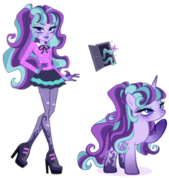 Size: 2376x2496 | Tagged: safe, artist:gihhbloonde, imported from derpibooru, oc, oc only, unnamed oc, human, pony, unicorn, equestria girls, adoptable, closed mouth, clothes, crossover fusion, eyebrows, eyeshadow, female, fusion, fusion:starlight glimmer, fusion:twyla, gradient horn, gradient legs, hand on hip, high heels, horn, lightly watermarked, looking at you, looking up, makeup, mare, monster high, ponytail, purple eyes, raised eyebrow, raised hoof, ripped stockings, self paradox, self ponidox, shirt, shoes, simple background, skirt, smiling, socks, standing, stockings, thigh highs, torn clothes, transparent background, walking, watermark