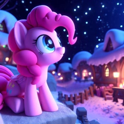 Size: 1024x1024 | Tagged: safe, imported from derpibooru, pinkie pie, pegasus, pony, ai content, ai generated, cute, diapinkes, female, holiday, looking up, night, prompter:pinkiepiepics, sky, smiling, snow, solo, stars