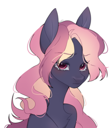 Size: 1876x2142 | Tagged: safe, artist:ruru_01, imported from derpibooru, oc, oc only, pegasus, pony, anxiety, anxious, blushing, bust, commission, furrowed brow, long mane, looking at you, pink eyes, pink hair, portrait, sad, simple background, solo, white background